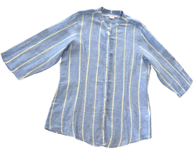 Island Company 100% Linen Button Up Top Blue Cream Striped XL Roll Tab Sleeve