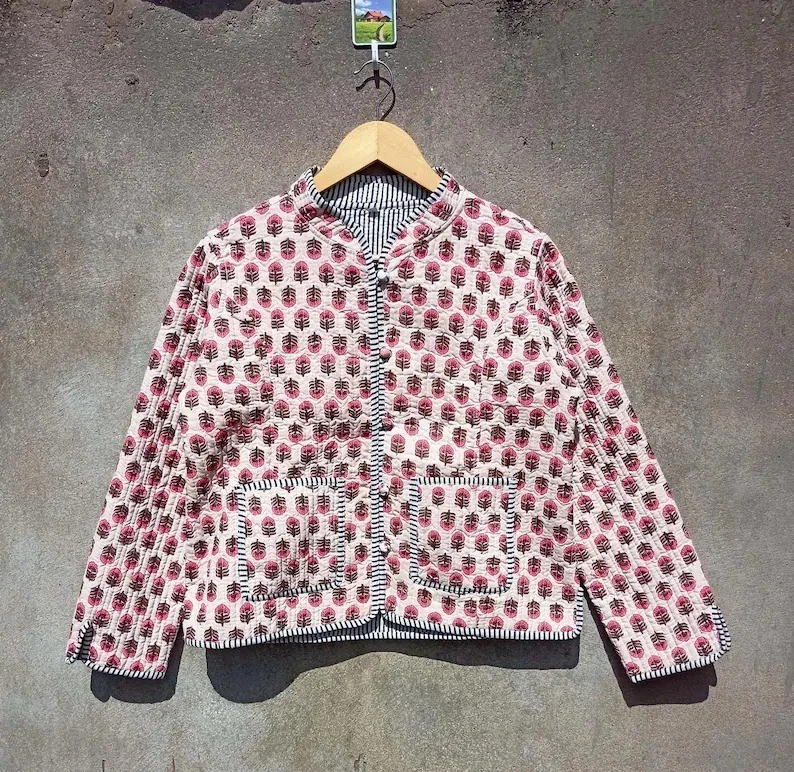Indian Red Dot Cotton Quilted Unisex Jackets Women's Clothing Jackets US