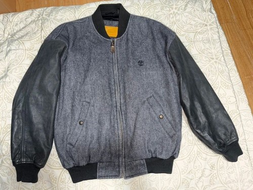 Timberland, Vintage 1995 Timberland Varsity Jacket Wool Leather Sleeves Gray Black Korea