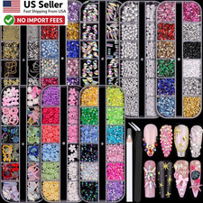 8 Boxes Nail Charms And Gems Kit Rhinestones Pearls Flowers Bows Set FROM USA
