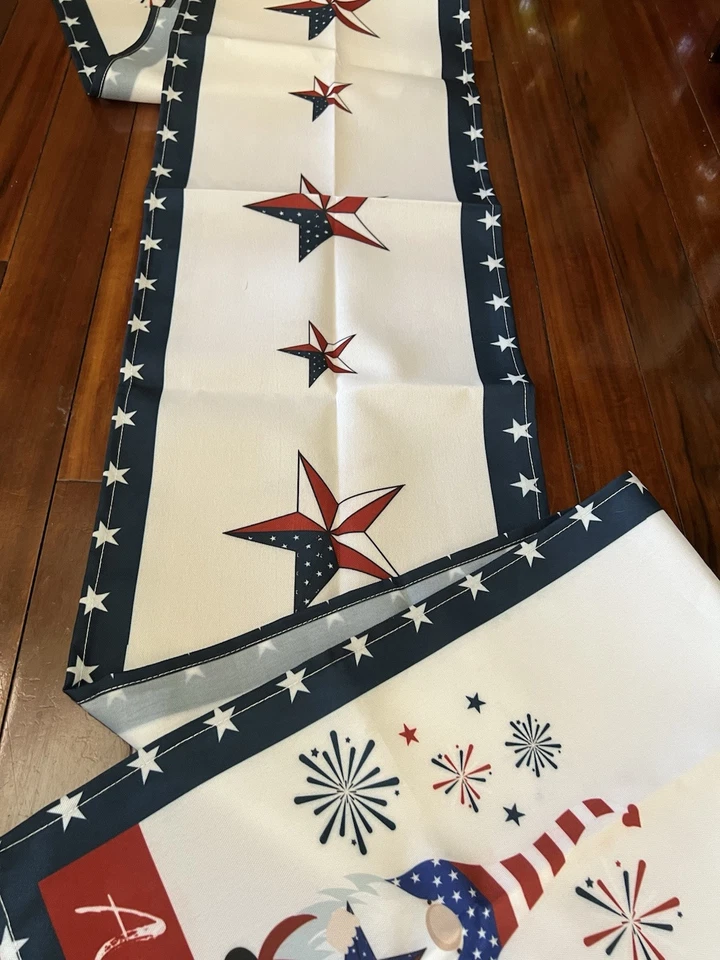 4th Of July Gnome Patriotic Table Runner Red White Blue Stars 104 X 13” Outdoor - Image 3 of 3