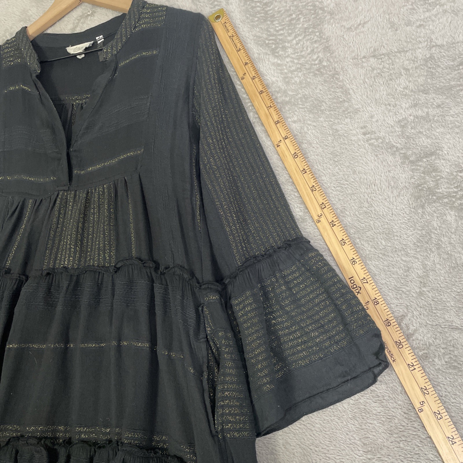 Elan Sauvie Dress Woman Medium Black Metallic Gold Pockets Tiered Bell Sleeve