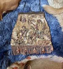 Vtg India Tapestry Carpet Bag Beaded Fringe Metal Purse Embroidered Chain Rare
