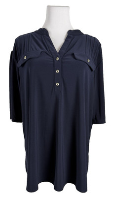 Plus Size 2XL Navy Button Front Stretch Knit Top 3/4 Sleeve Joie De Vivre
