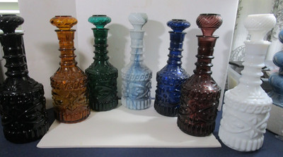 Set Of 7 Jim Beam Bonded Scroll Glass Decanters Bottles
