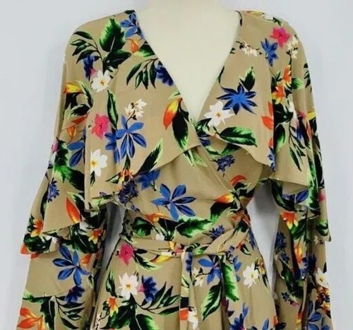 DIANE V FURSTENBERG ALICE CARAMEL/MULTI FLORAL MAXI SILK WRAP MIDI DRESS M $501 - Picture 2 of 5