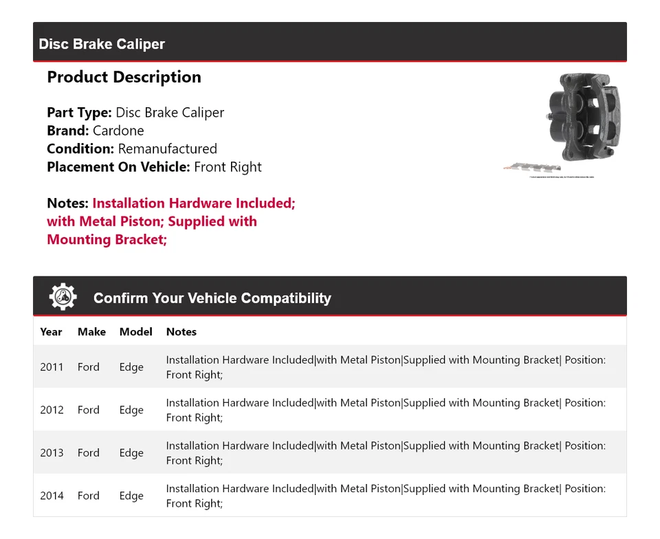 Pinza de freno de disco delantera derecha Cardone 2012 2013 Ford Edge 2011-2014 Foto 2 de 4