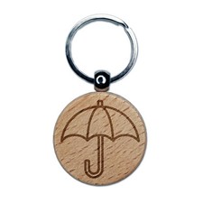 Rainy Day Umbrella Icon Engraved Wood Round Keychain Tag Charm
