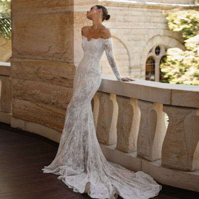 Luxury Full Lace Mermaid Wedding Dress Long Sleeves Backless Sweep Train  Bridal | eBay