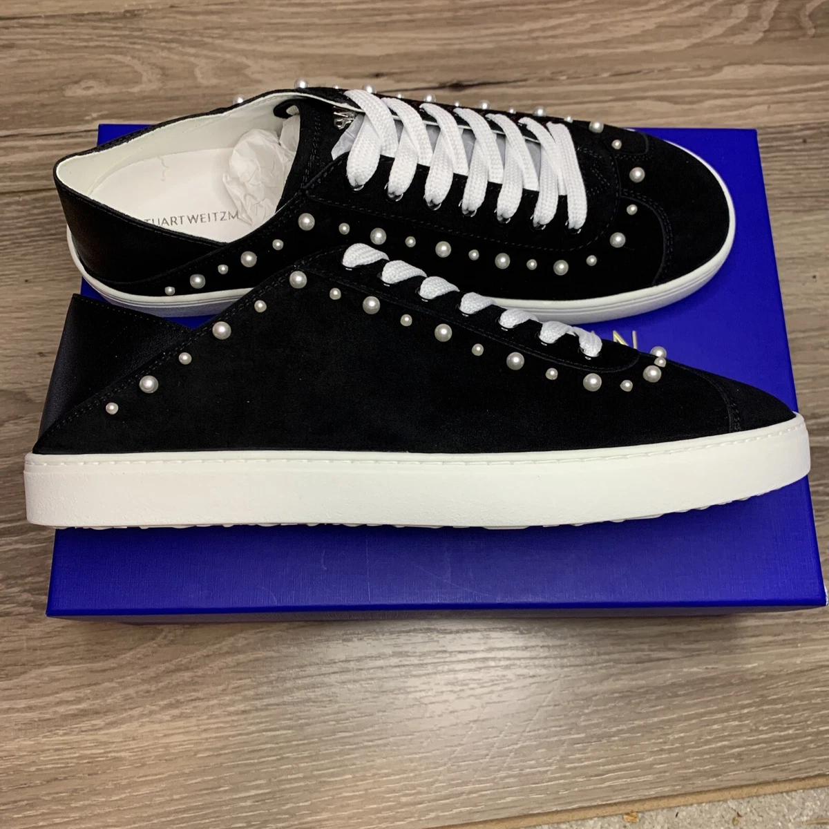 STUART WEITZMAN Goldie Black Pearl Super Stud Conv Sneaker Suede