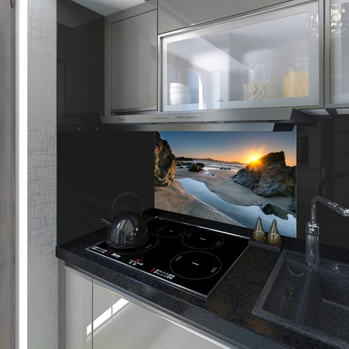 Spritzschutz Hartglas modern einzigartig Küche Sonnenuntergang Meeressteine alle Größen - Bild 1 von 3