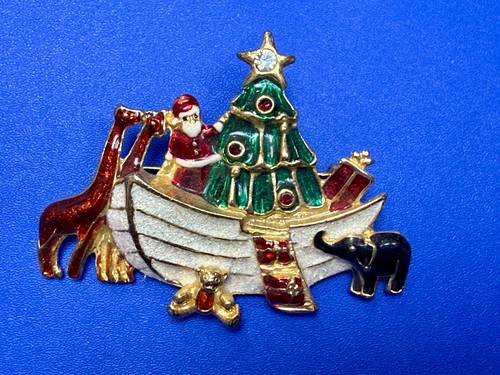 Christmas Tree and Presents on Noahs Ark Vintage Gold Tone Brooch Pin Signed SFJ - Picture 3 of 14