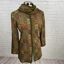 Nina Leonard Sweater Green Geo Pattern Long Cardigan Medium Detachable Scarf