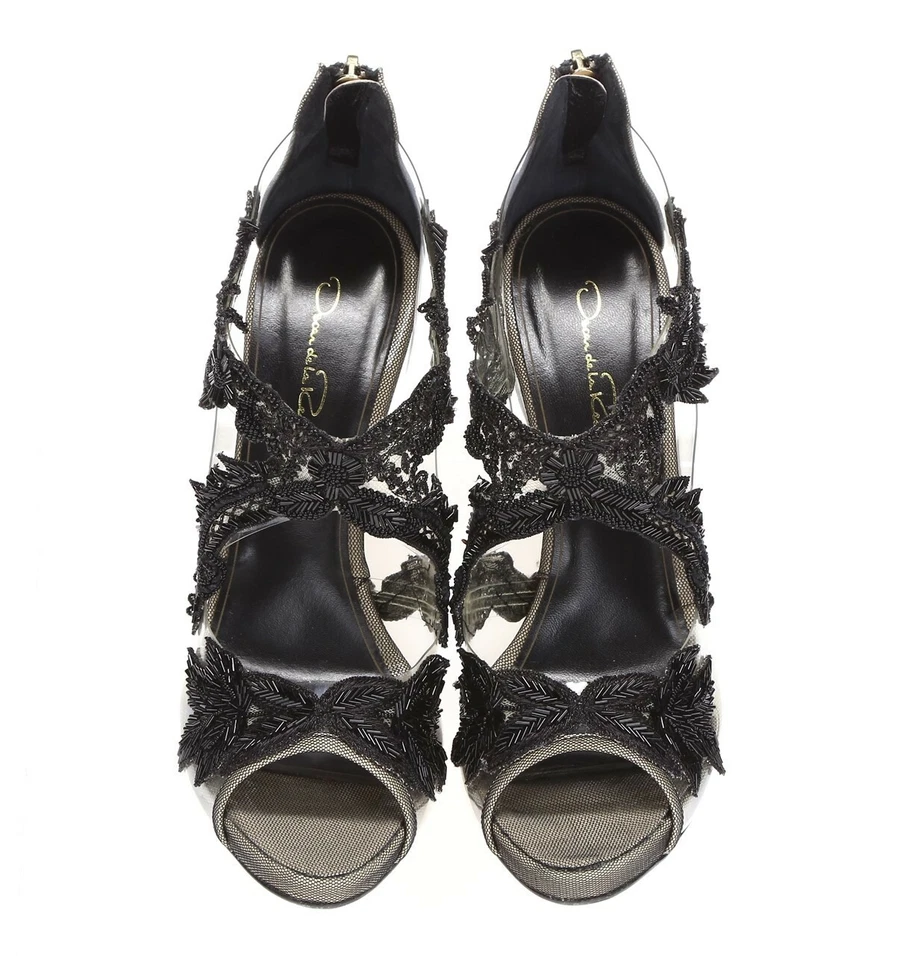 Oscar De La Renta Ambria Mujer Negro Beige Bordado Peep Toe Stiletto Talla 39 Foto 4 de 4