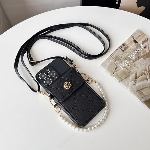For Samsung iPhone Crossbody Pearl Chain Card Wallet Bag Case Strap Phone Cover - Zdjęcie 11 z 18
