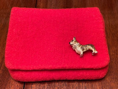 SARAH OLIVER HANDBAG Red Boiled Wool Gold Tone Dog BROOCH Wristlet Clutch Pouch - Picture 3 of 11