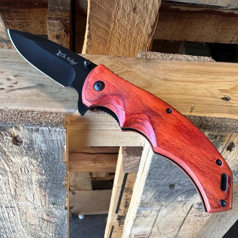 Navaja de bolsillo plegable abierta asistida por resorte con mango de madera Elk Ridge Gentleman Foto 2 de 4