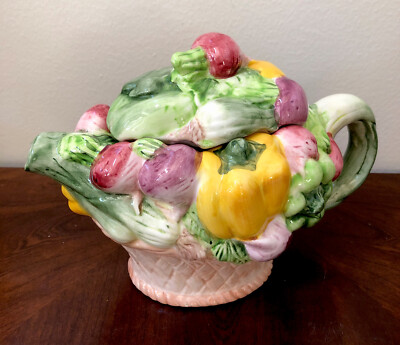 World Bazaar Ceramic Teapot/Lid  Spring Vegetable s In Wicker Basket  Design