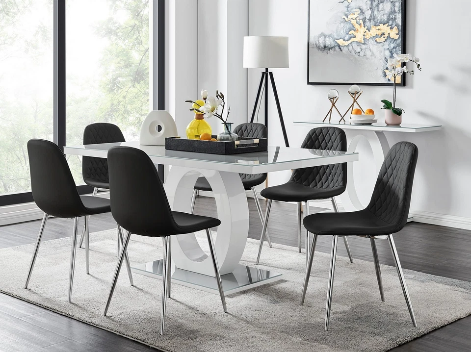 GIOVANI White High Gloss and Grey Glass Dining Table & 6 Faux Leather Chairs
