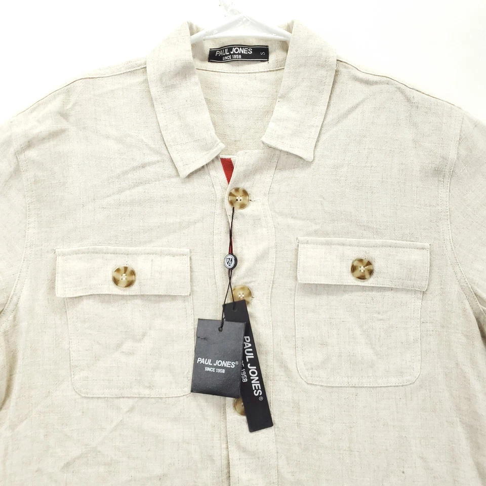 NUEVA Camisa Paul Jones Hombre Pequeña Beige Lino Manga Larga Bolsillos Clásica Abotonada Foto 3 de 4