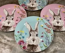 Cute Bunny Side Plates Set Of 4 Pink And Blue Stechcol Grace China. 7.5 Inch New