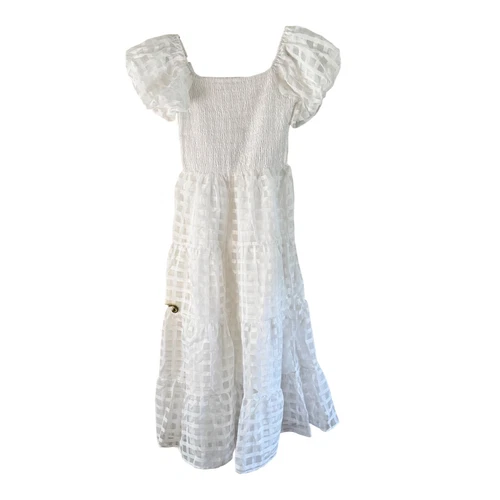 Prettygarden White Midi Dress Smocked Puff Sleeve Tiered Plaid Medium