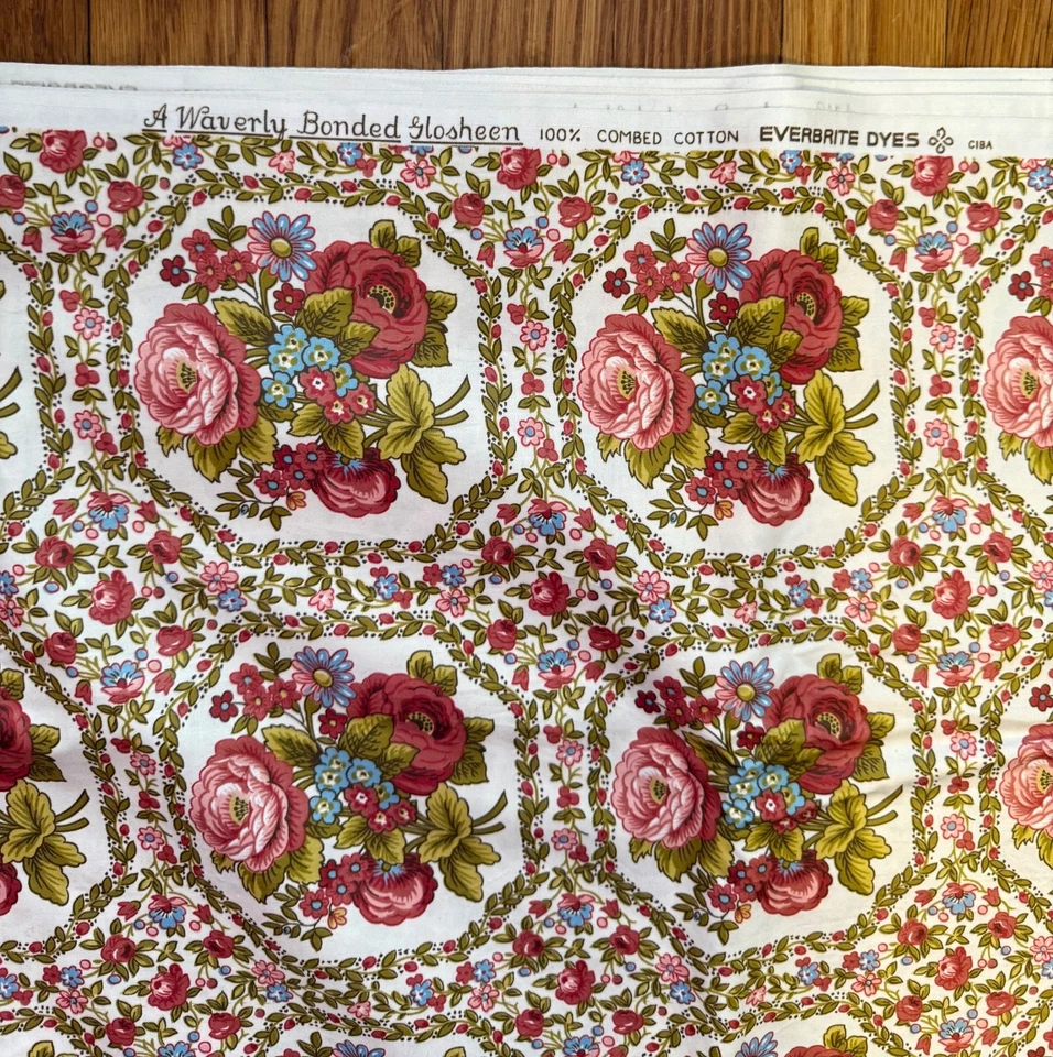 Винтажный Waverly скрепленный Glosheen 100% расчесанный хлопок роза букет цветочный красный розовый - Изображение 4 из 4