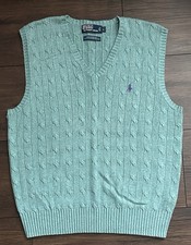 VTG Polo Ralph Lauren Cable Knit Sweater Vest Mens Large Light Green Tussah Silk