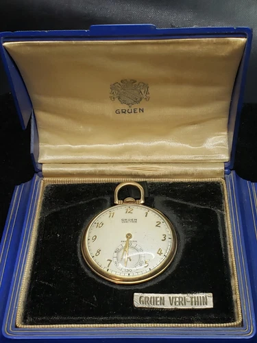 ANTIQUE  GOLD FILLED GRUEN VERI THIN POCKET WATCH IN BOX SCRAP GOLD