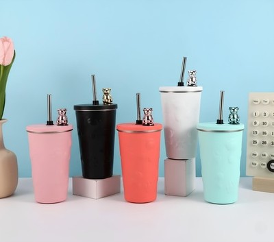 Kaffeebecher Thermo Edelstahl Heiß/Kalt Getränke Flachmann Strohhalm & Deckel