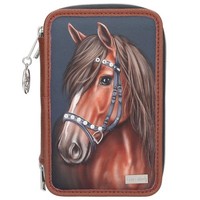 Depesche Miss Melody Federtasche Pferde Motiv Dunkelblau Braun Glitzersteine
