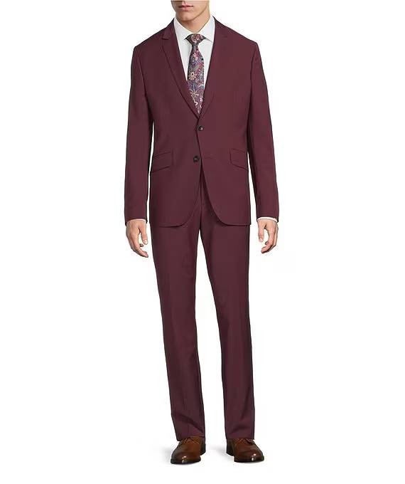 $695 Psycho Bunny Mens Solid Flat Front 2-Piece Suit Burgundy Size 42S