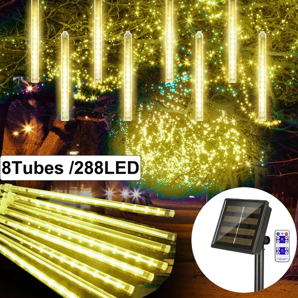 Luces de Navidad solares para lluvia de meteoros al aire libre 8 tubos 288 LED cadena de luces LED Foto 2 de 4