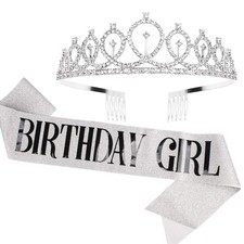 Sliver Birthday Girl Sash  Rhinestone Tiara Set