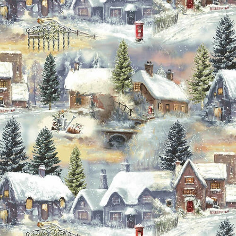 Fat Quarter Winter Cottage Snow Covered Village Scene Cotton Quilting Fabric