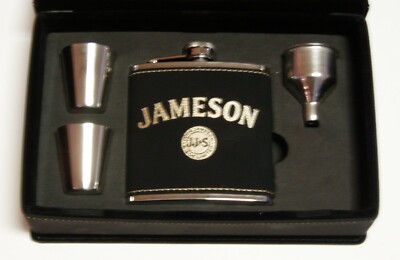 Jameson black leather flask gift set w 2 shot glasses & funnel in leather box