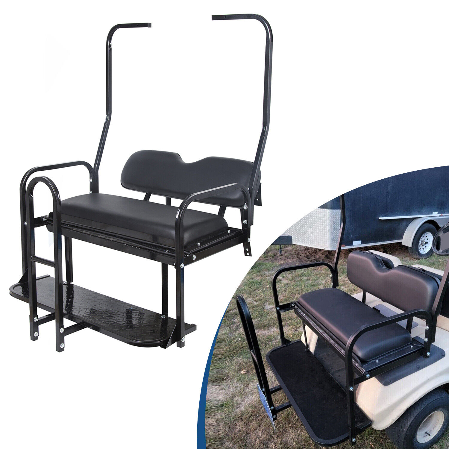 For 1982-2000 Club Car DS Golf Cart Flip Folding Rear Seat Kit w/ Grab Bar black