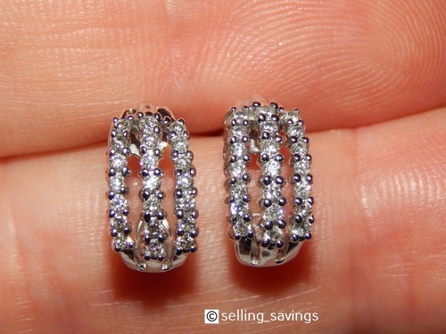 14K WHITE GOLD DIAMOND 1/2 INCH TALL THREE ROW HUGGIE EARRINGS - Picture 2 of 5