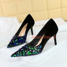 Womens Slip on Fashion Pointy Toe Glitter Sequin Faux Suede High Heel Pump Shoes