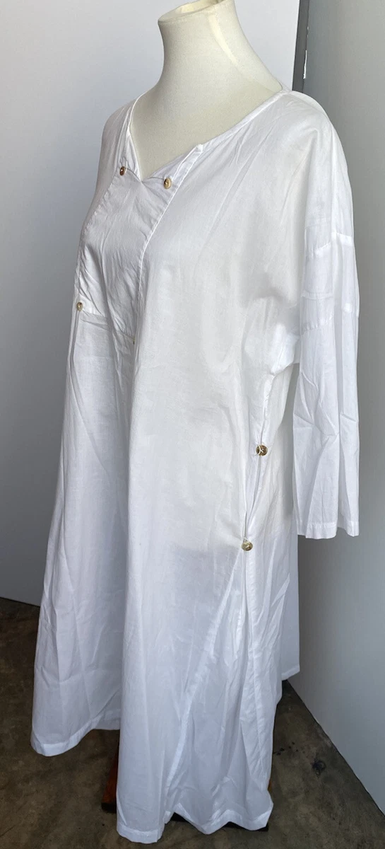 Miller et Bertaux White Kaftan Dress w Pockets Button Detail L XL