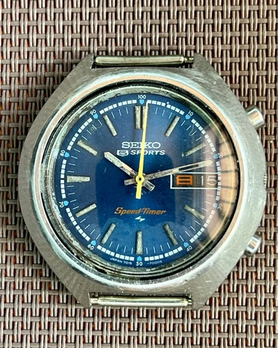SEIKO 5 Sports 7015-8000 Automatic Chronograph Blue Dial Watch Vintage Men's