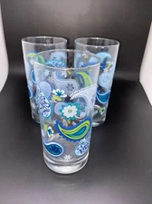 Vintage Libbey Crisa Paisley Blue and Green Tumblers Lot Of 3