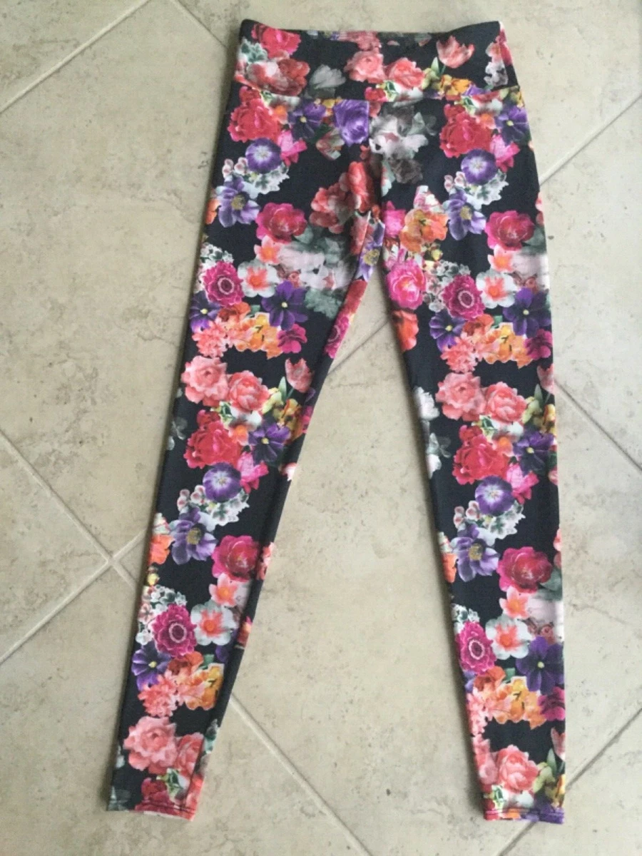 Onzie Yoga Womens S M Black Photo Floral Leggings Stretch Pants Roses Athleisure