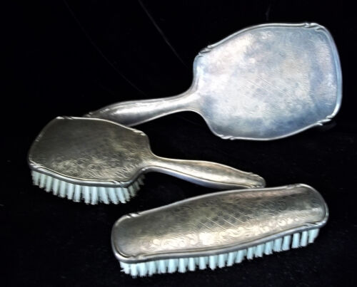 Vintage .835 SILVER Sterling  Vanity Set Mirror + 2 Brushes Criss Cross design - Picture 1 of 12