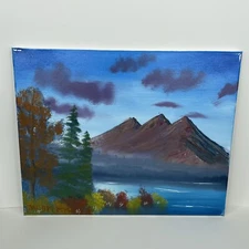 Oil on Canvas Painting Signed Student Art 16 x 20 Mountains Behind Wooded Lake