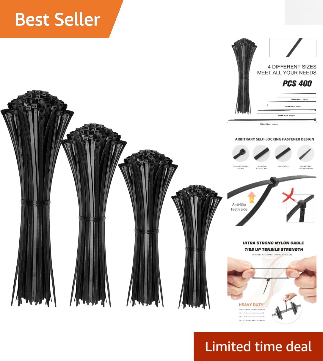 400 Pack Black Cable Zip Ties: Assorted Sizes 12+8+6+4 in Nylon—Perfect for A...