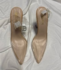 Clear strap chunky heel pointed toe nude patent leather sandal size 8.5 new