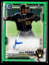 2021 BOWMAN CHROME GREEN /99 1ST PROSPECT AUTO JESUS PARRA BREWERS
