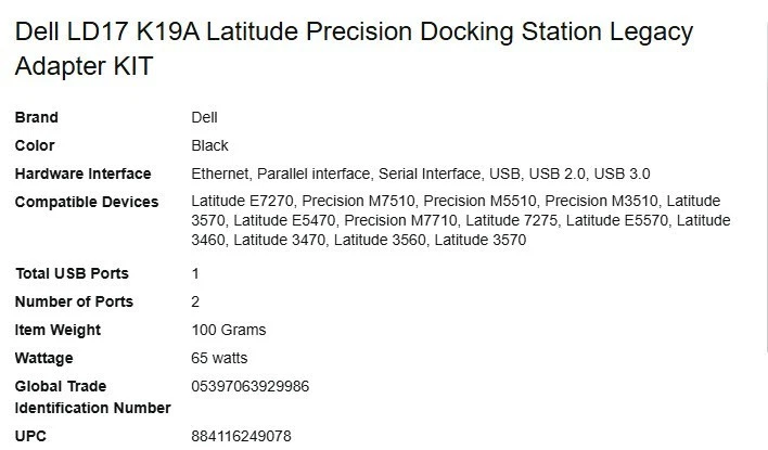 Dell LD17 K19A Latitude Precision Docking Station Legacy Adapter Kit - Image 3 of 4