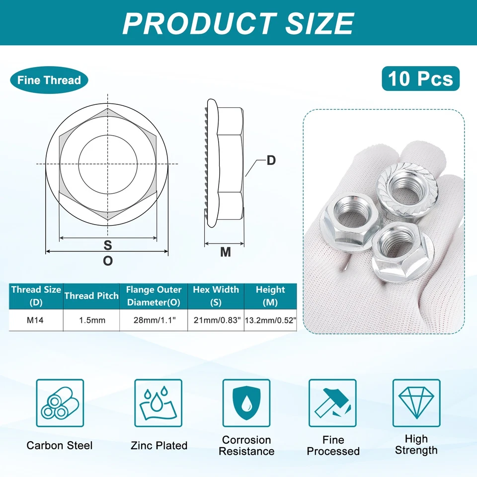 M14x1.5mm Serrated Flange Hex Lock Nuts, 10Pcs Nut Fasteners, Silver - Bild 2 von 4